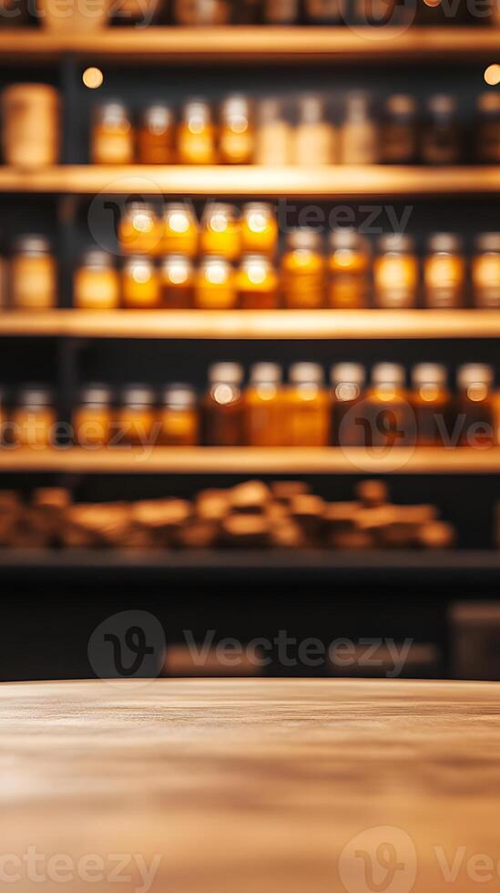 Wooden Surface and Blurred Shelf with Amber Jars and Bottles photo