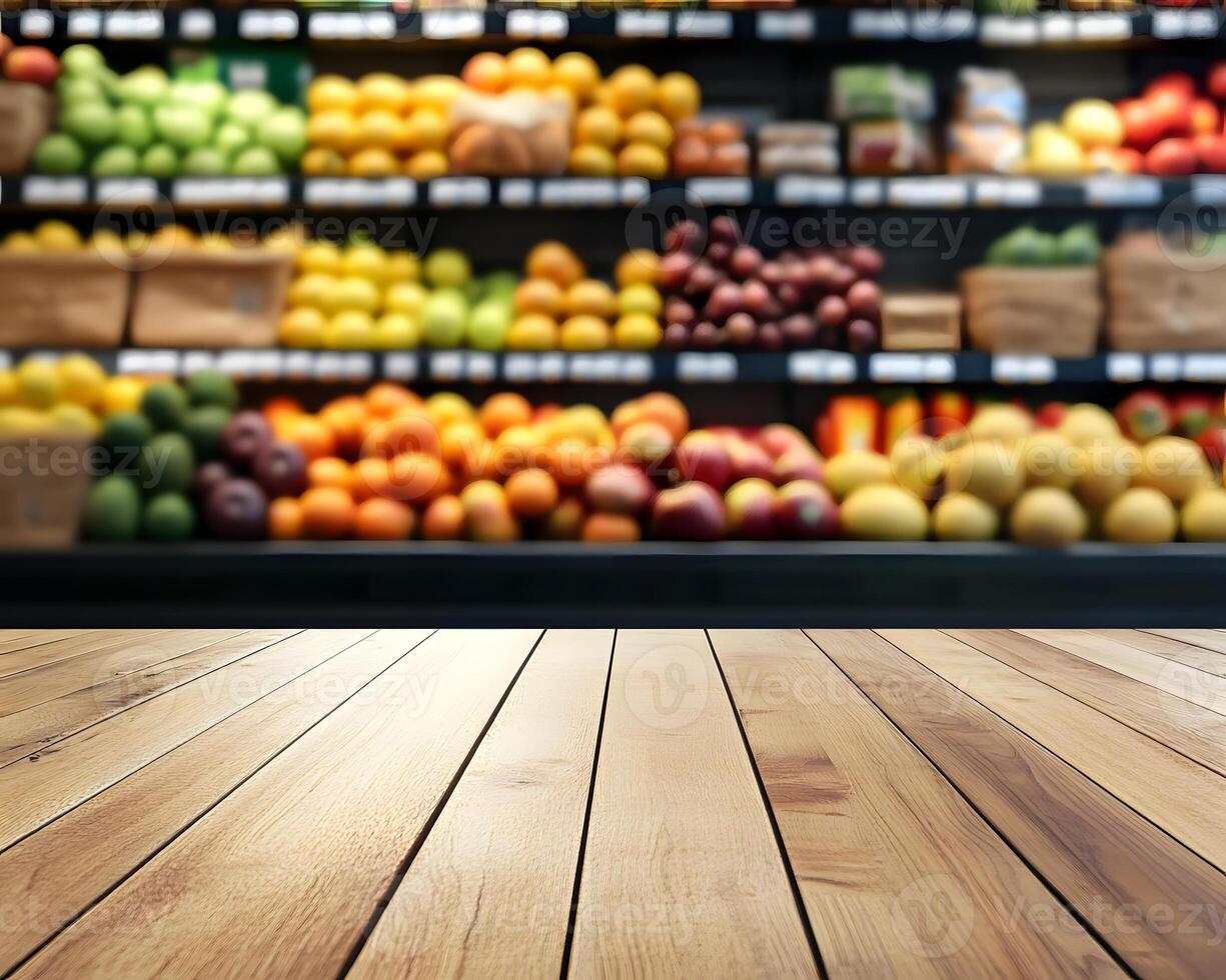 Wooden Surface with Blurred Background of Produce Display photo