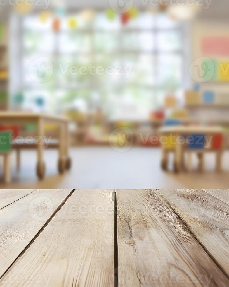 Wooden Surface and Blurred Classroom Interior photo