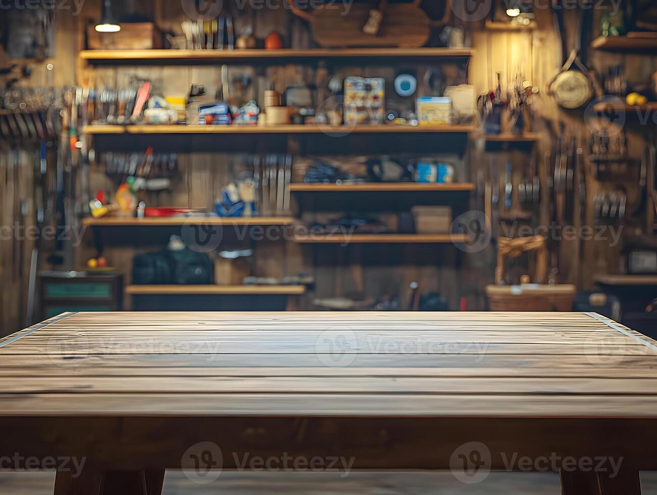 Wooden Table in a Blurred Workshop Setting photo