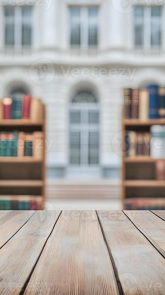 Wooden Surface with Blurred Bookcases and Building Background photo