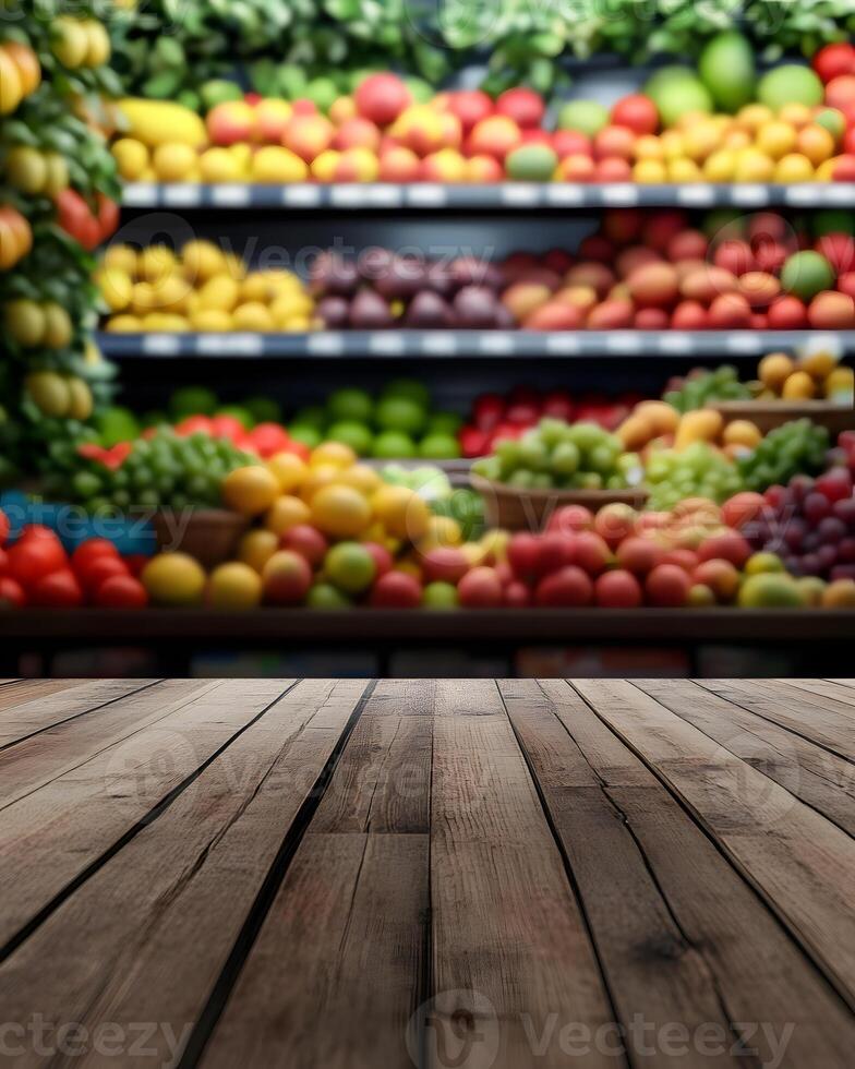 Wood Surface with Blurred Produce Display Background photo
