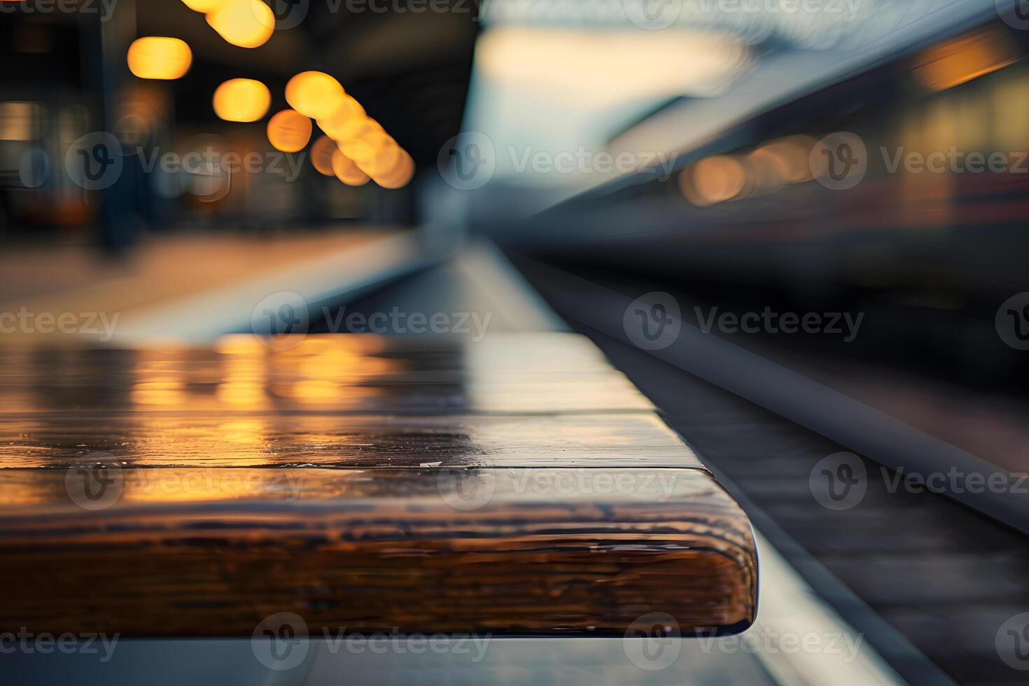 Wooden Table at Train Station Platform with Blurred Train photo