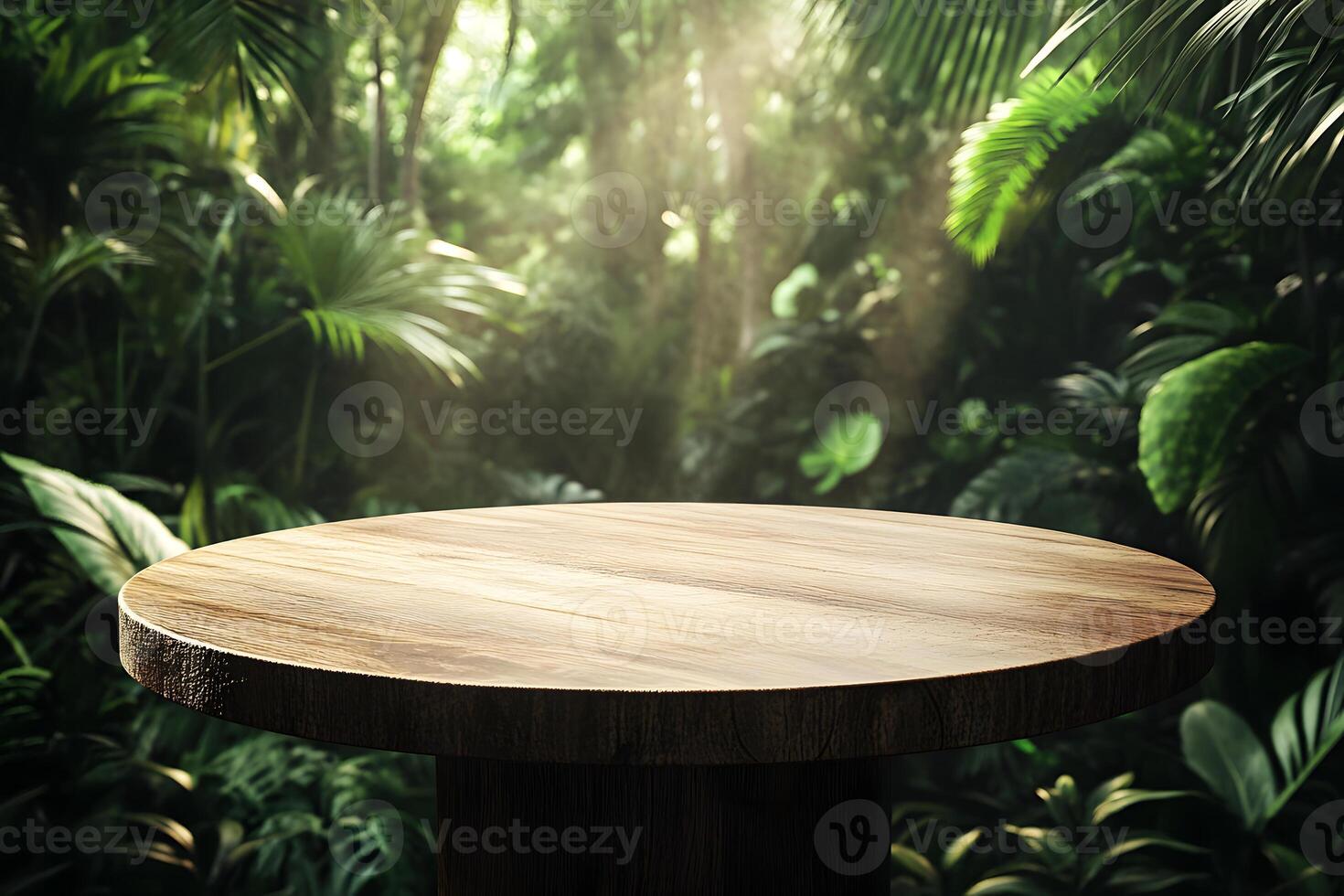 Wood Table in Tropical Foliage Setting photo
