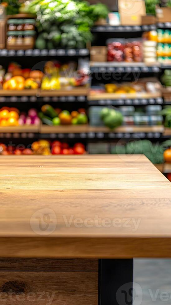 Wooden Table in Front of Blurred Grocery Produce Display photo