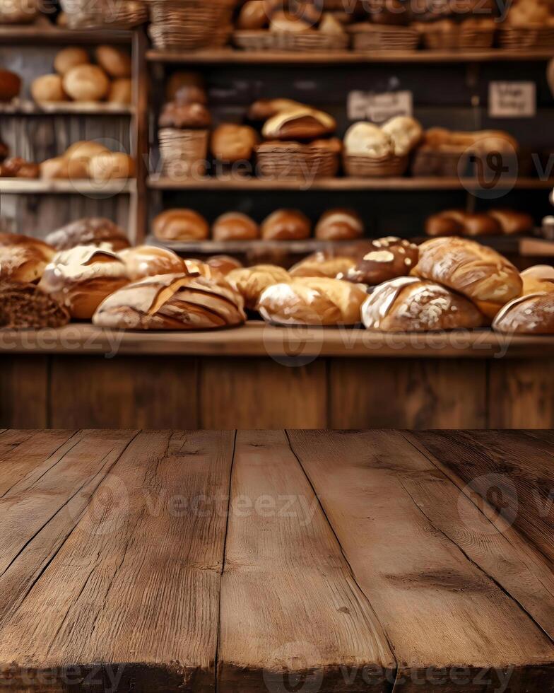Wooden Table and Bakery Bread Display photo