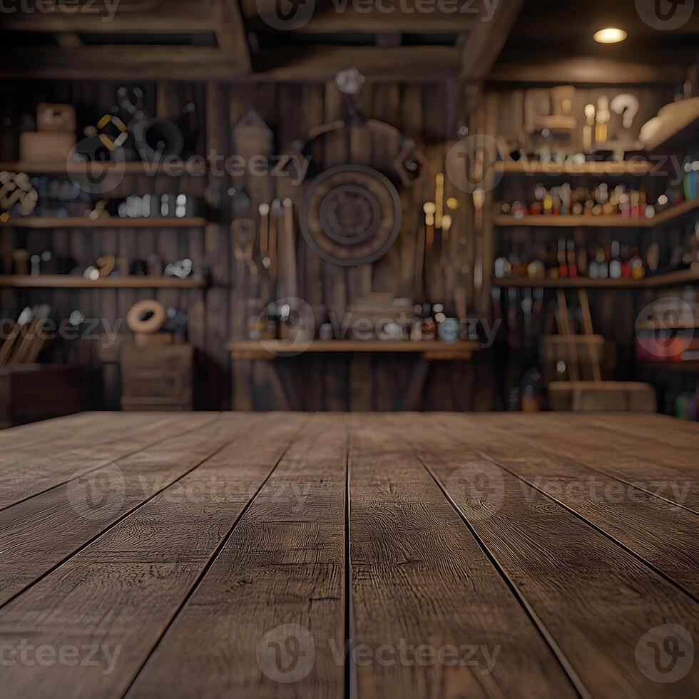 Wooden Table in a Blurred Workshop Interior photo