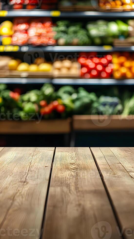 Wooden Surface against Blurred Produce Display photo