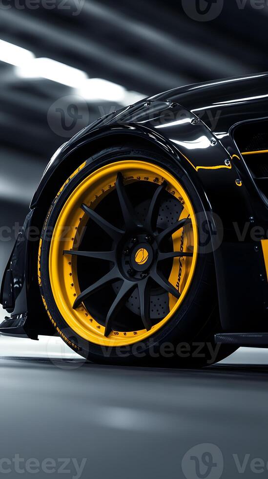 Black Sports Car Wheel with Yellow Rim and Tire photo