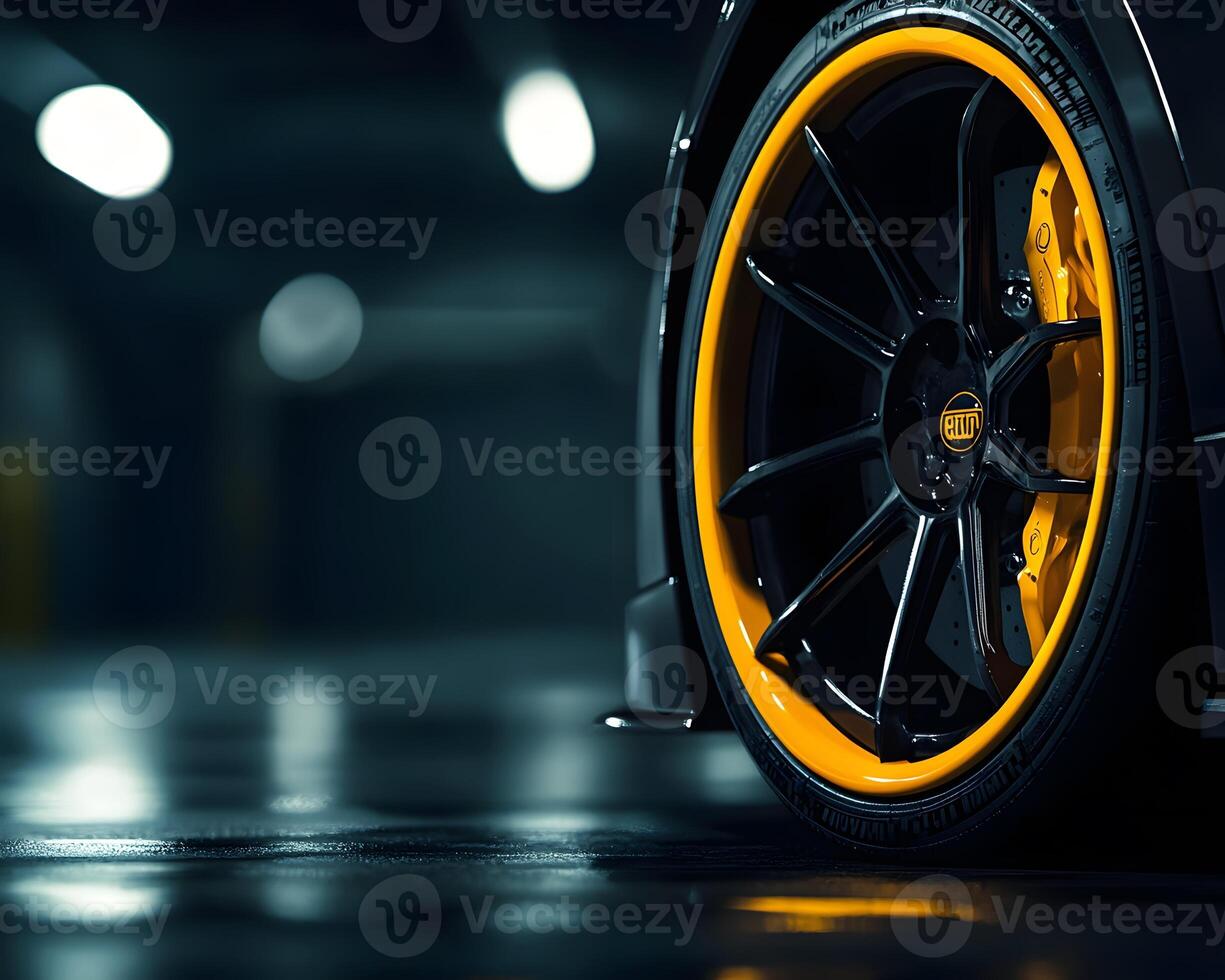 Black Sports Car Wheel with Yellow Rim in Garage photo