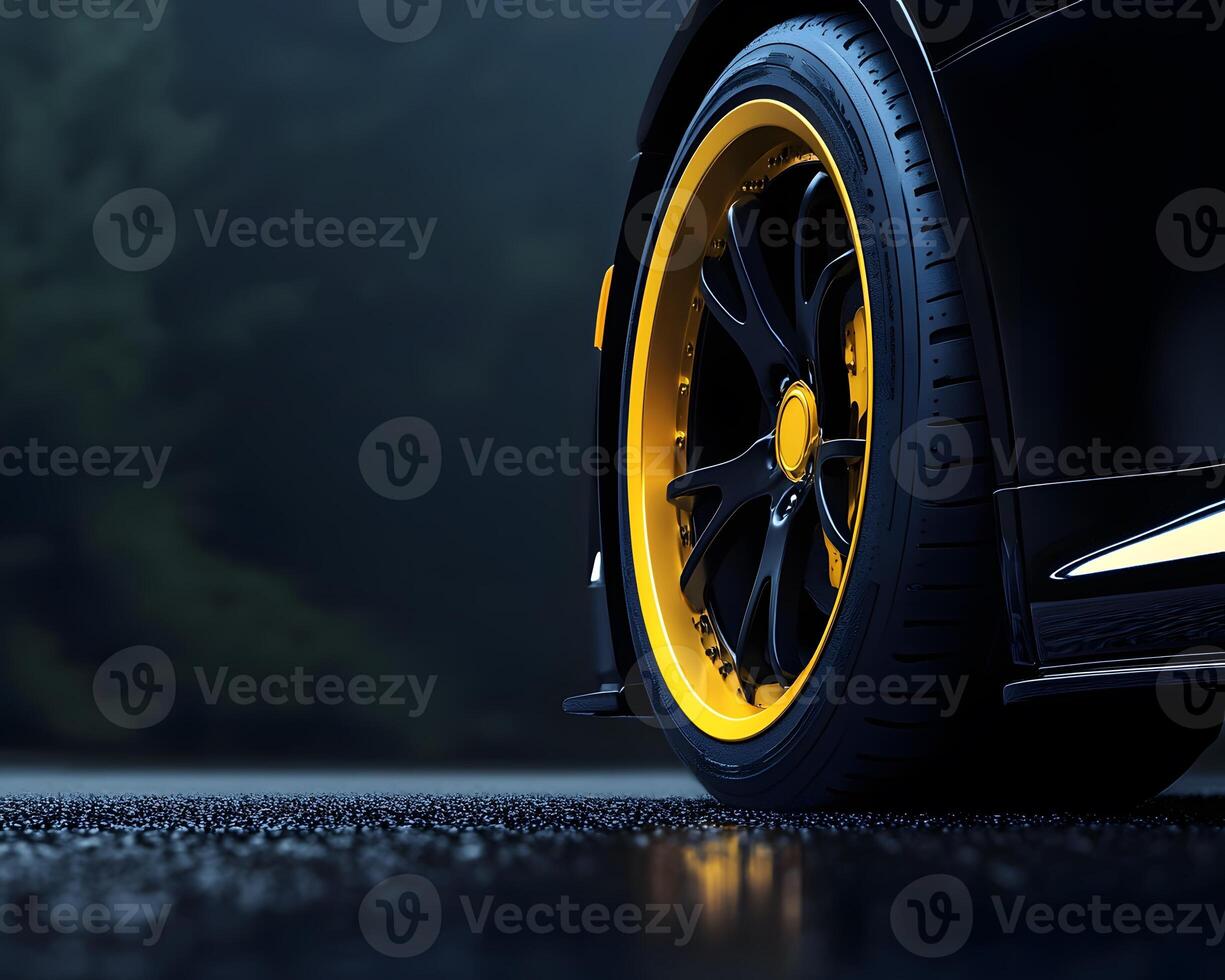 Black Sports Car Wheel with Yellow Rims on Asphalt photo