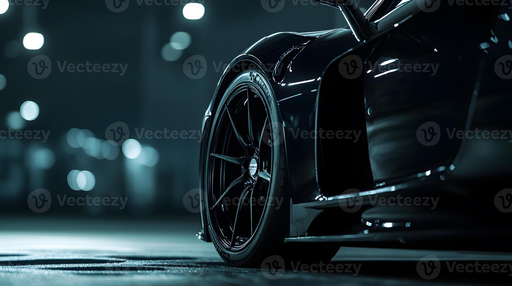 Black Sports Car Wheel and Side Profile at Night photo
