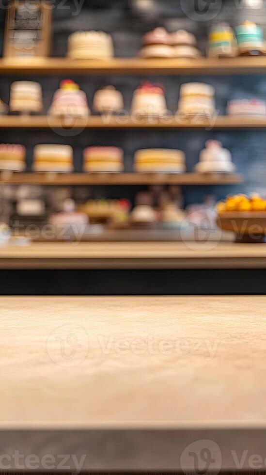 Light Brown Wooden Surface with Blurred Bakery Display of Cakes photo