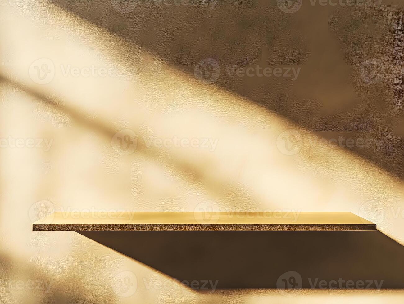 Gold Shelf Against Beige Wall with Sunlight Shadows photo