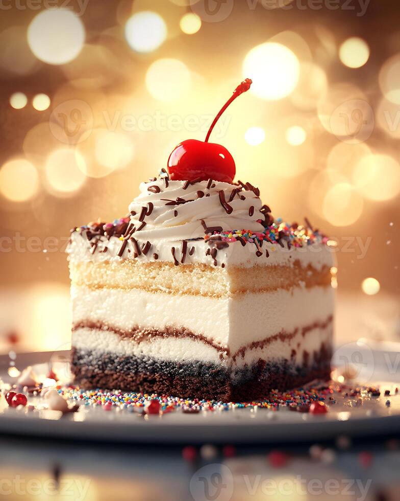 Layered Dessert with Maraschino Cherry and Sprinkles photo
