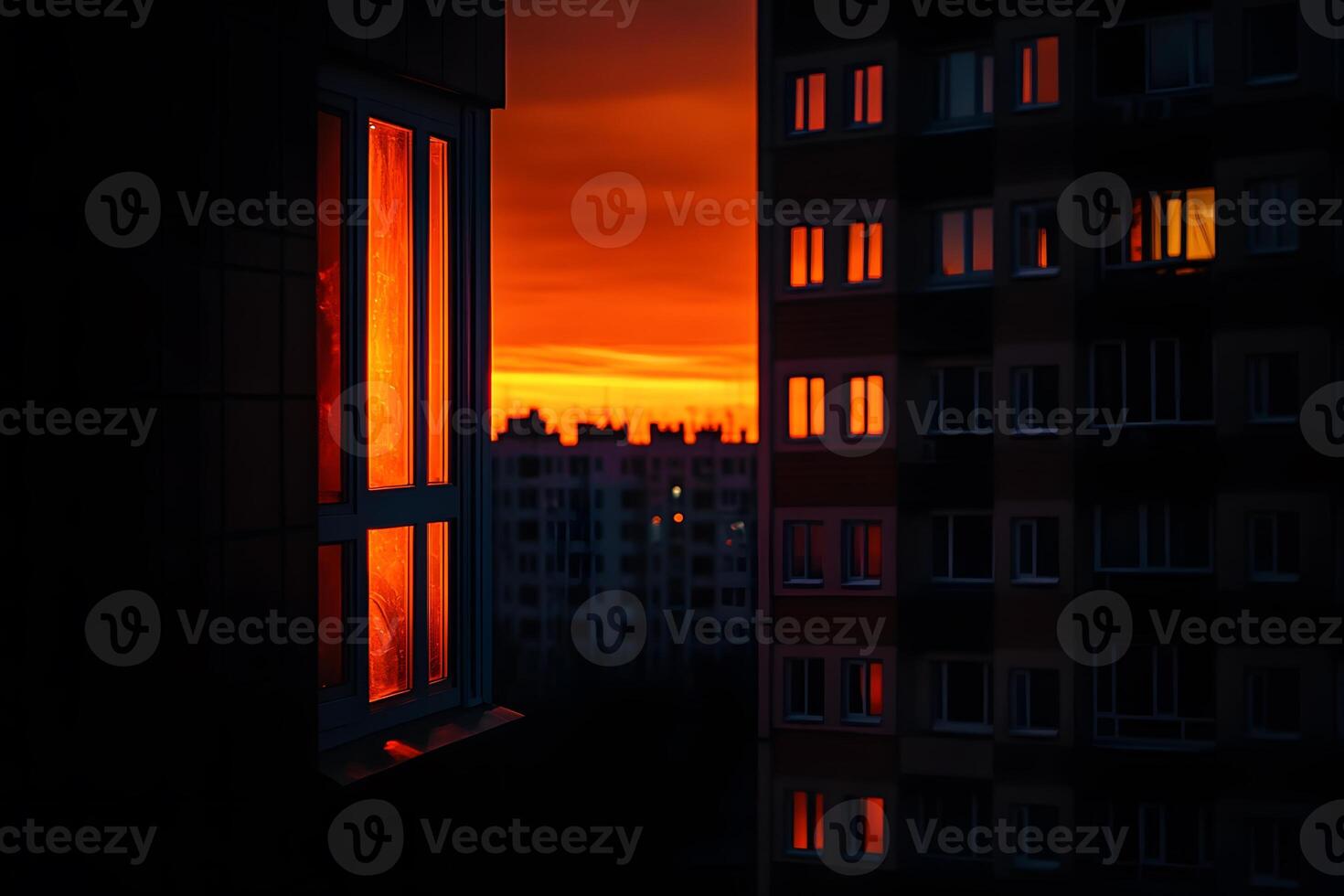Sunset-Illuminated Window and Apartment Buildings at Dusk photo