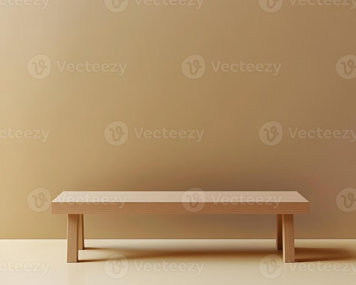 Light Brown Wooden Bench Against Light Brown Wall photo