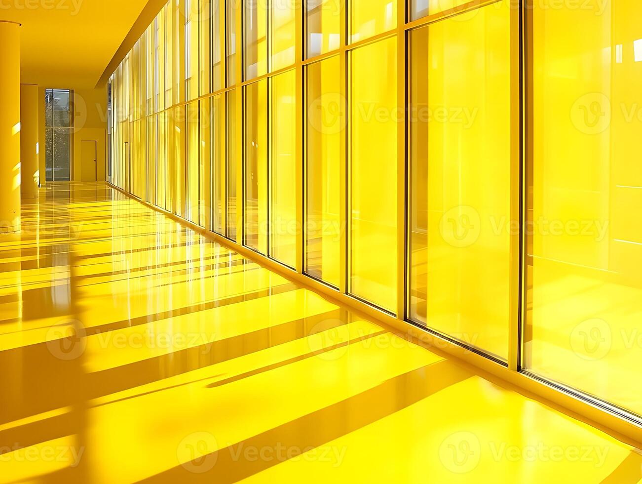 Yellow Corridor with Glass Walls and Sunlit Floor photo