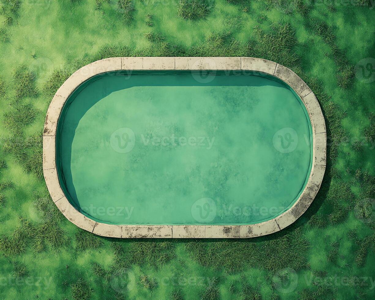 A Tranquil Aerial View of a Serene Swimming Pool Surrounded by Lush Green Grass photo