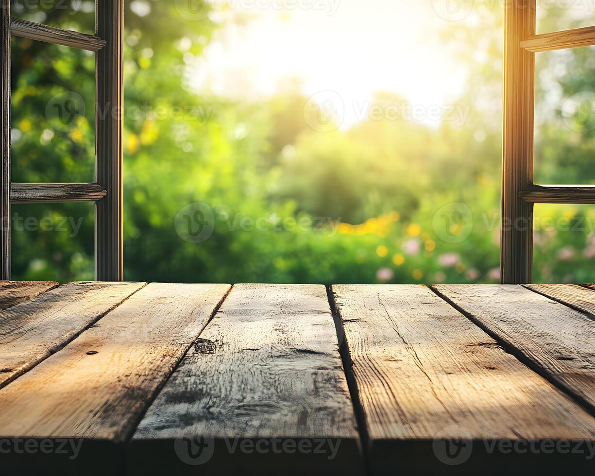 Wooden Surface and Garden View Through Window Frame photo