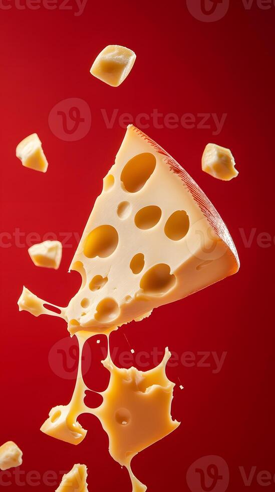 Swiss Cheese Wedge and Fragments in Motion Against Red Background photo