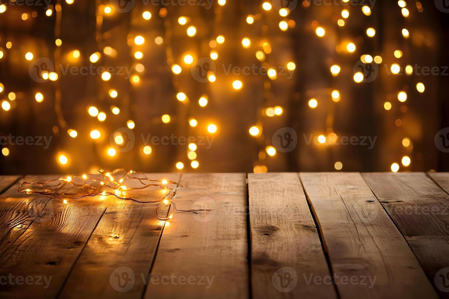 Wooden Table with String Lights and Bokeh Background photo