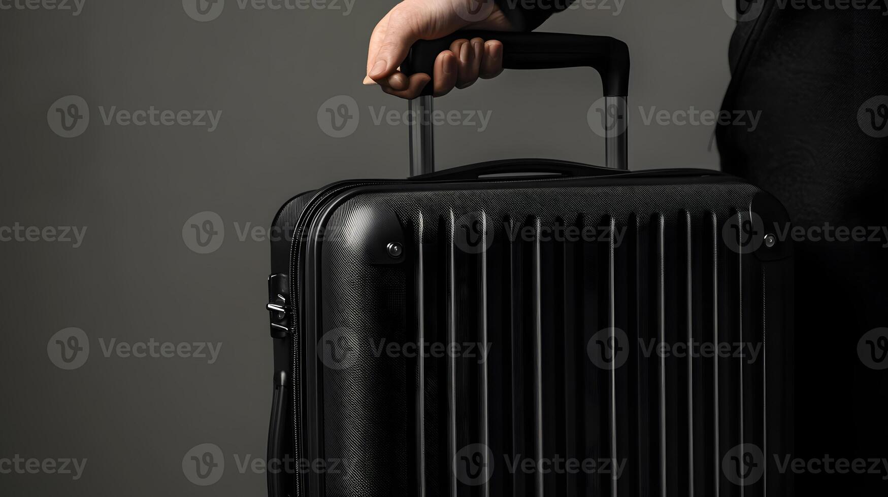 Black Hard-Shell Rolling Suitcase with Hand on Handle photo