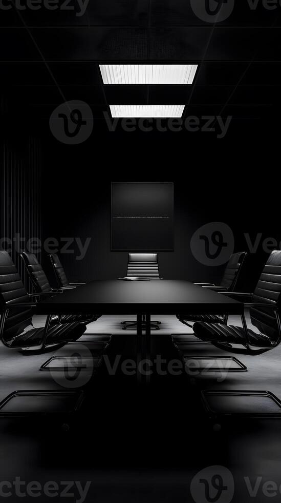 Black Conference Room Interior with Minimalist Artwork photo