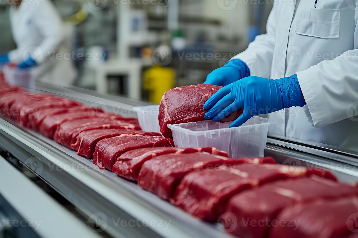 Beef Processing Line Worker Placing Meat on Conveyor Belt photo
