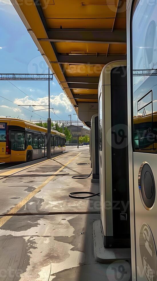 Articulated Bus and Electric Vehicle Charging Stations at Bus Stop photo