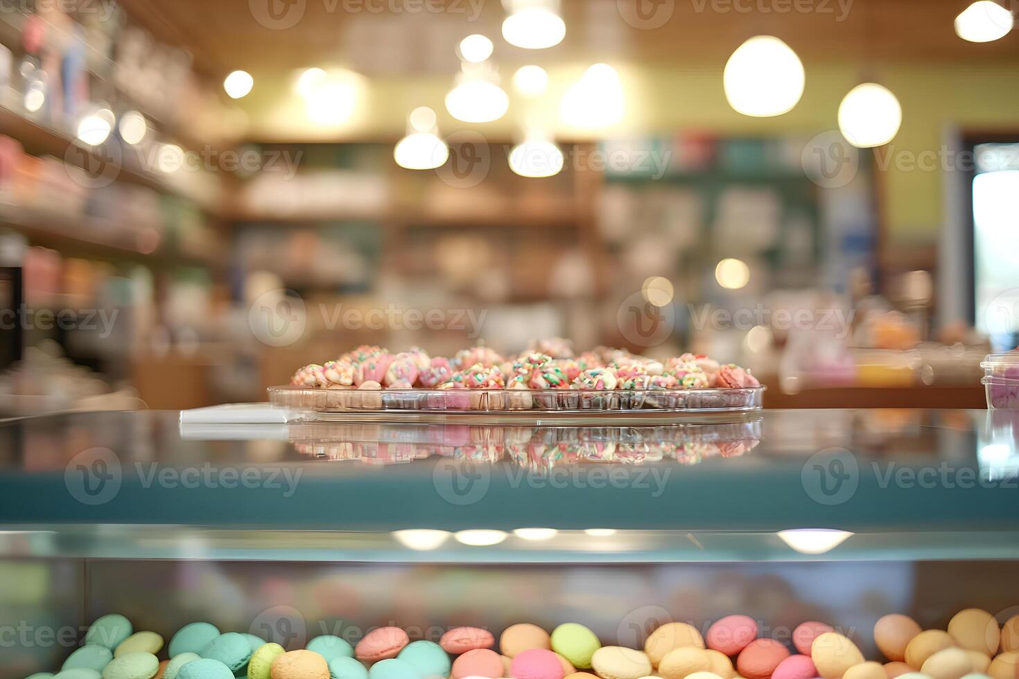 Bakery Display Case with Pastries and Macarons photo