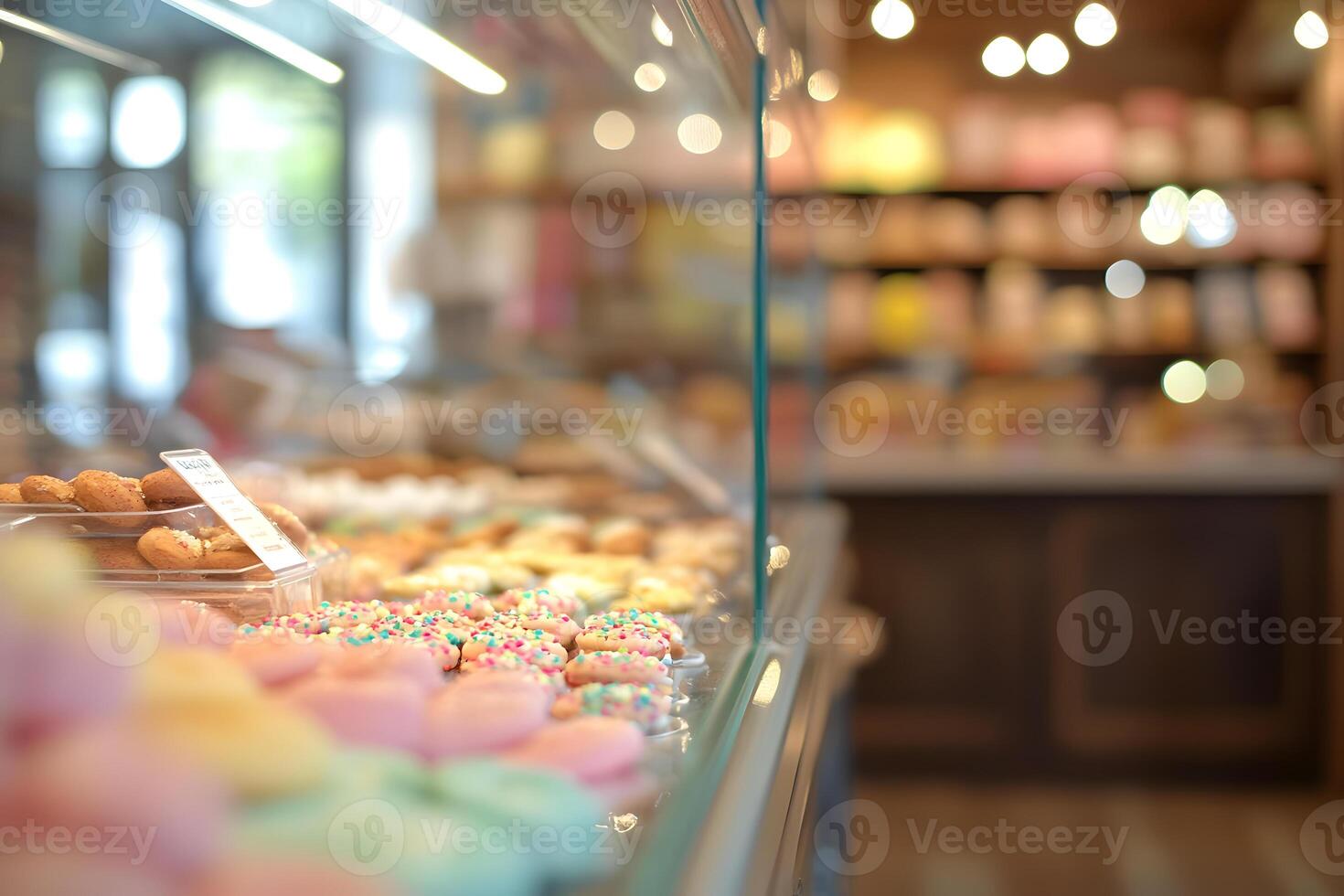 Bakery Display Case with Cookies and Macarons photo