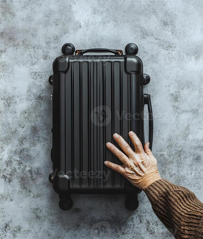 Black Carry-On Suitcase and Elderly Hand on Gray Surface photo