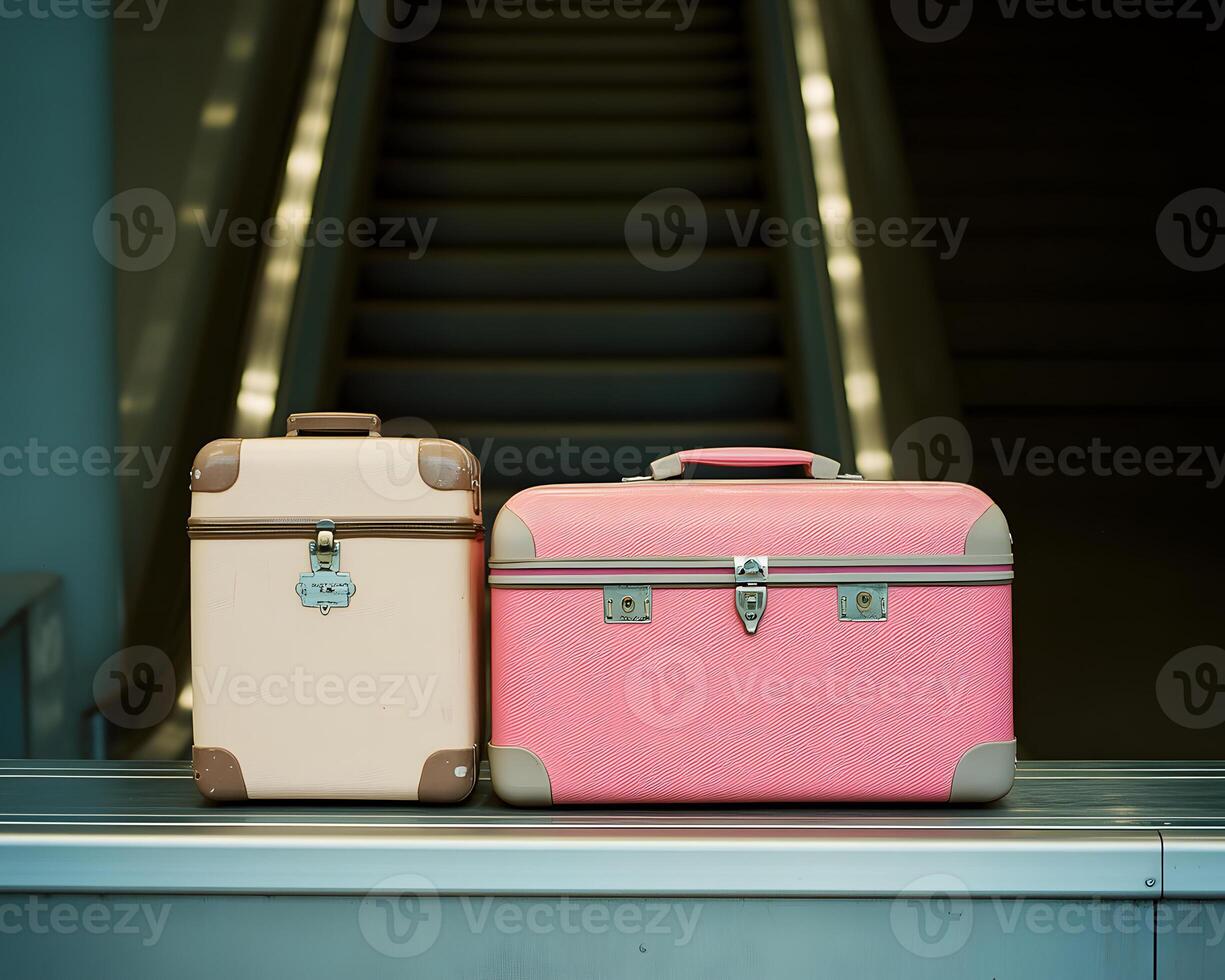 Beige and Pink Suitcases on Baggage Conveyor photo