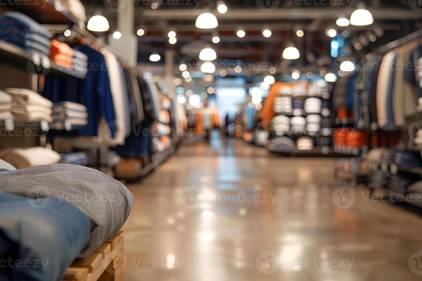 Clothing Store Interior with Folded Jeans Display photo
