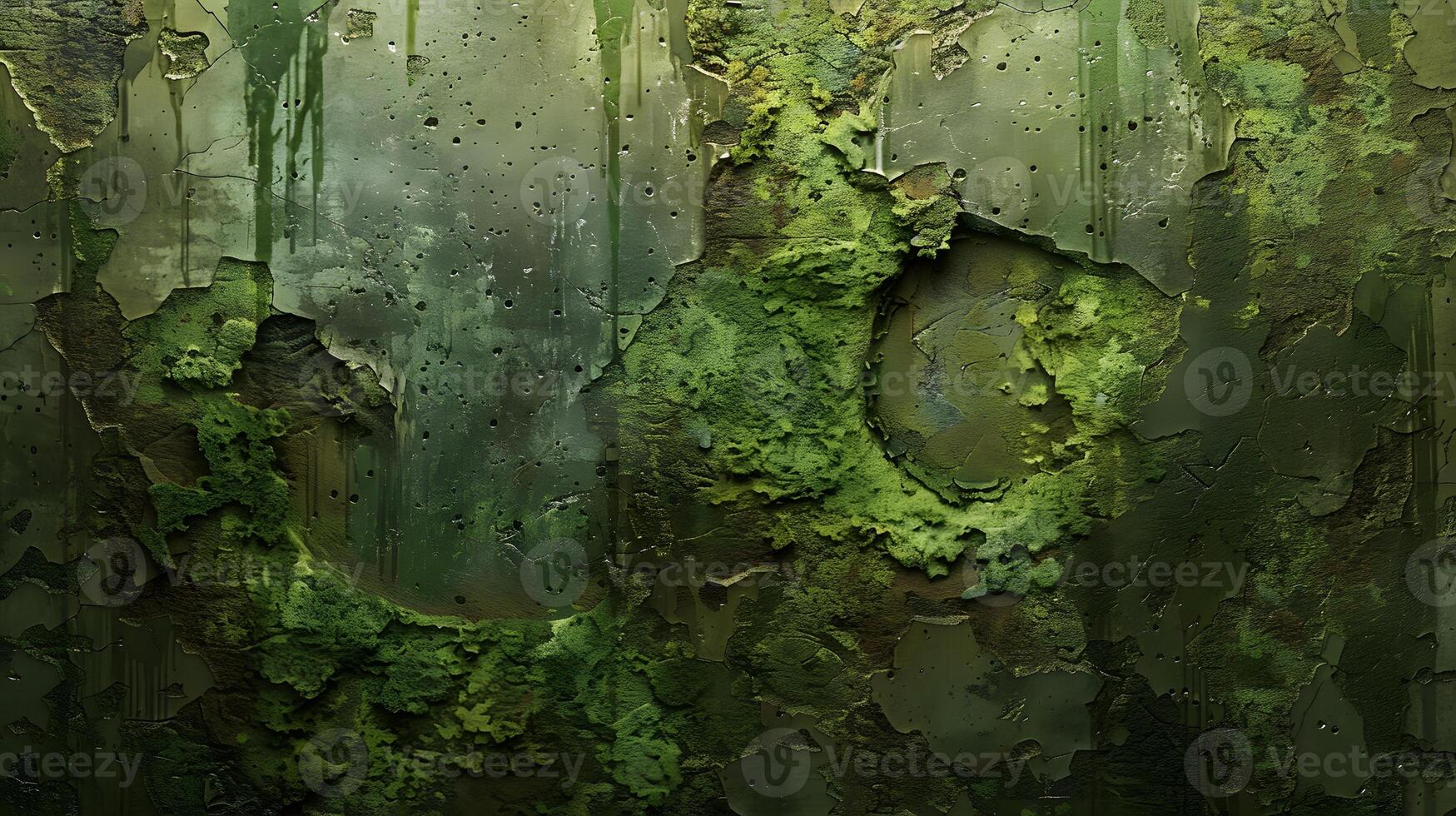 Degraded Green Wall Surface with Moss Growth and Paint Damage photo