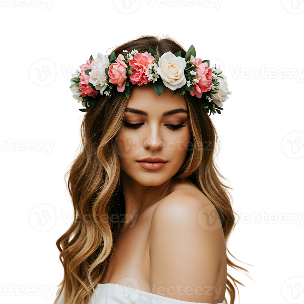 A beautiful woman wearing a flower crown png