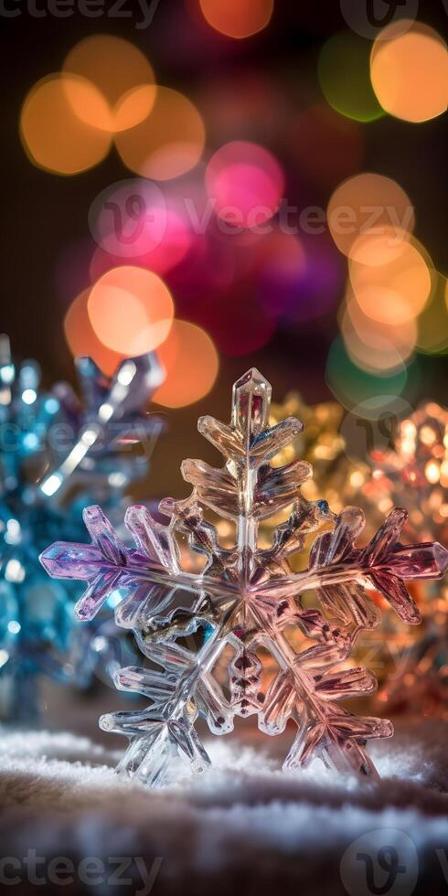 Iridescent Plastic Snowflakes with Bokeh Lights photo
