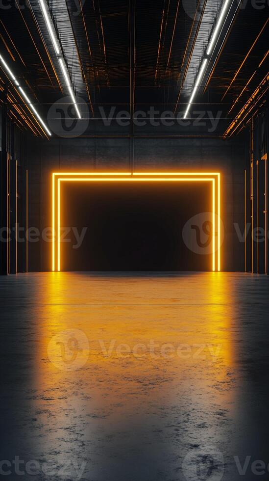 Industrial Interior with Orange Neon Frame and Reflective Floor photo