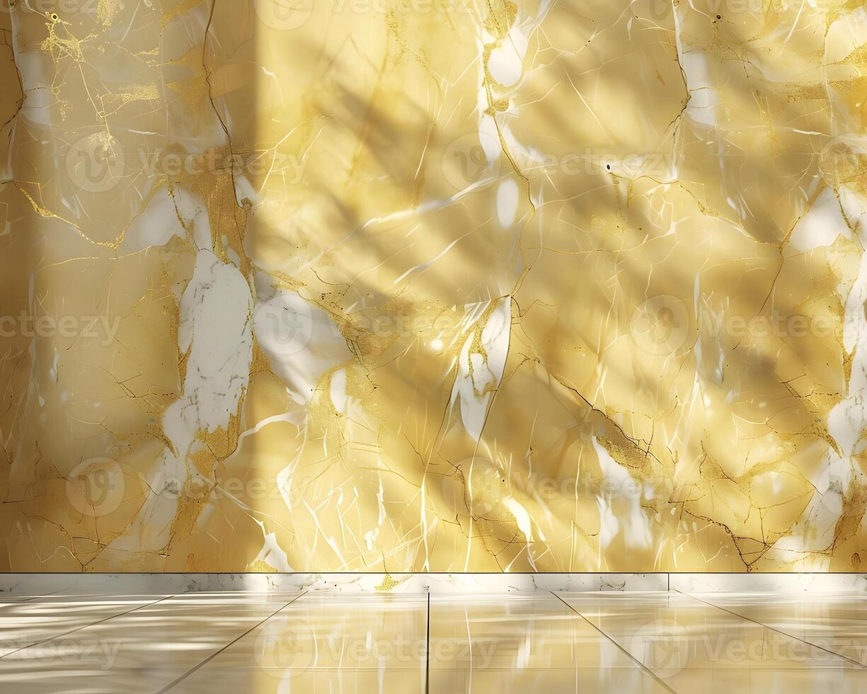 Interior Render Yellow Marble Wall and Tile Floor with Sunlight Shadows photo