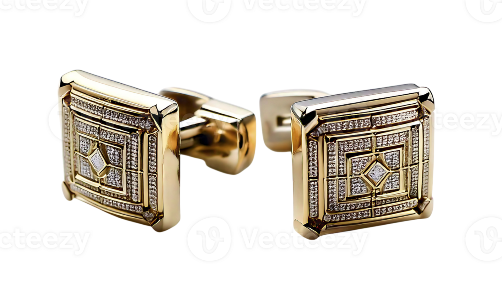 Luxury gold cufflinks with intricate diamond detailing. Elegant, sophisticated design perfect for highend fashion, business, or wedding publications. Symbol of success and style. png