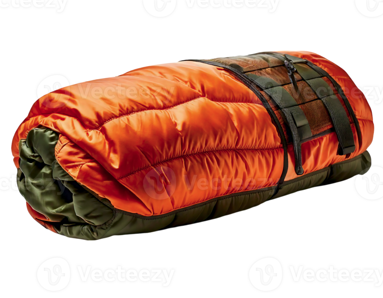 Compact, vibrant orange and olive sleeping bag, rolled and ready for adventure. Its quilted design and secure straps suggest warmth, comfort, and preparedness. png