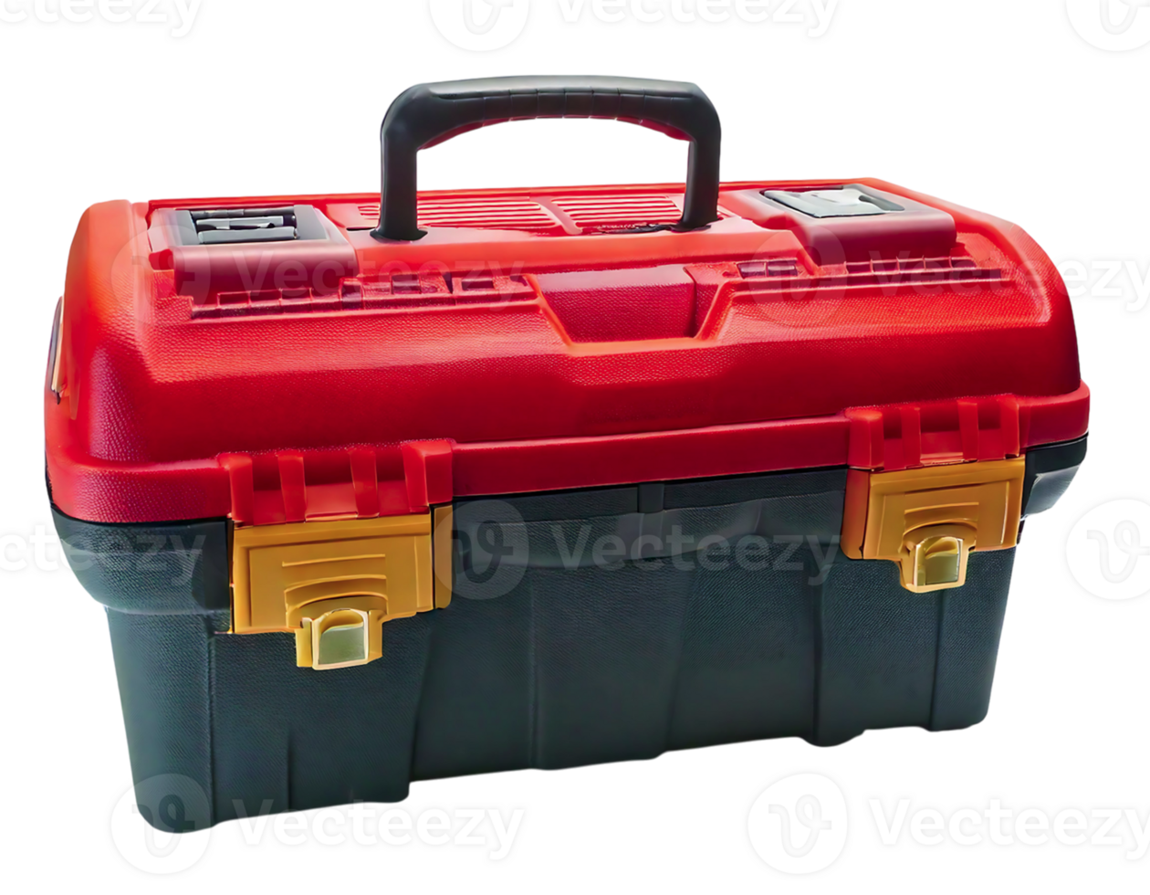 Durable red black plastic toolbox with gold latches. Perfect for DIY, repair, or organization visuals. Conveys preparedness, reliability, and problemsolving. png