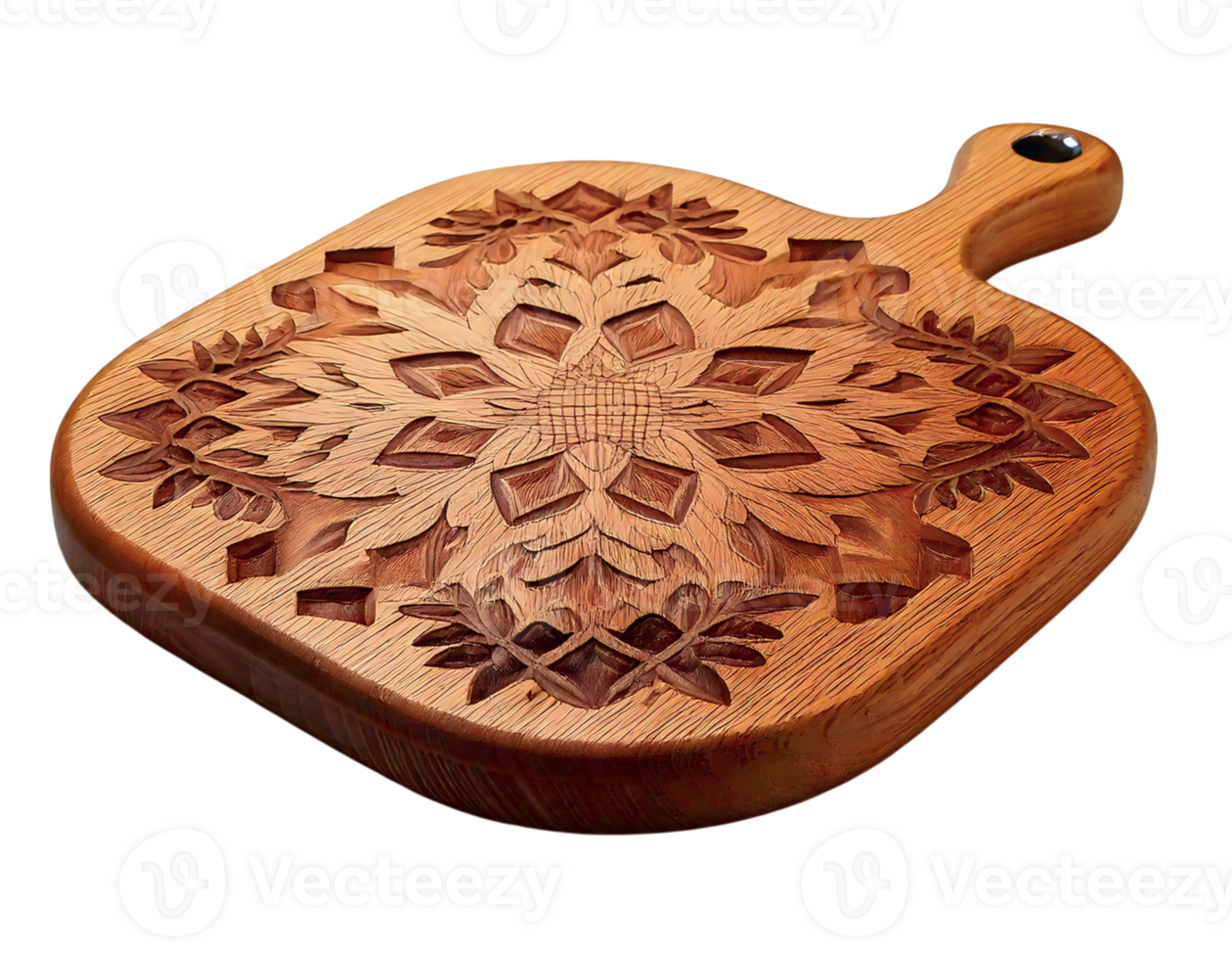 Intricately carved wooden cutting board, showcasing a beautiful floral mandala design. Perfect for adding rustic elegance to kitchens or as a unique serving tray. png