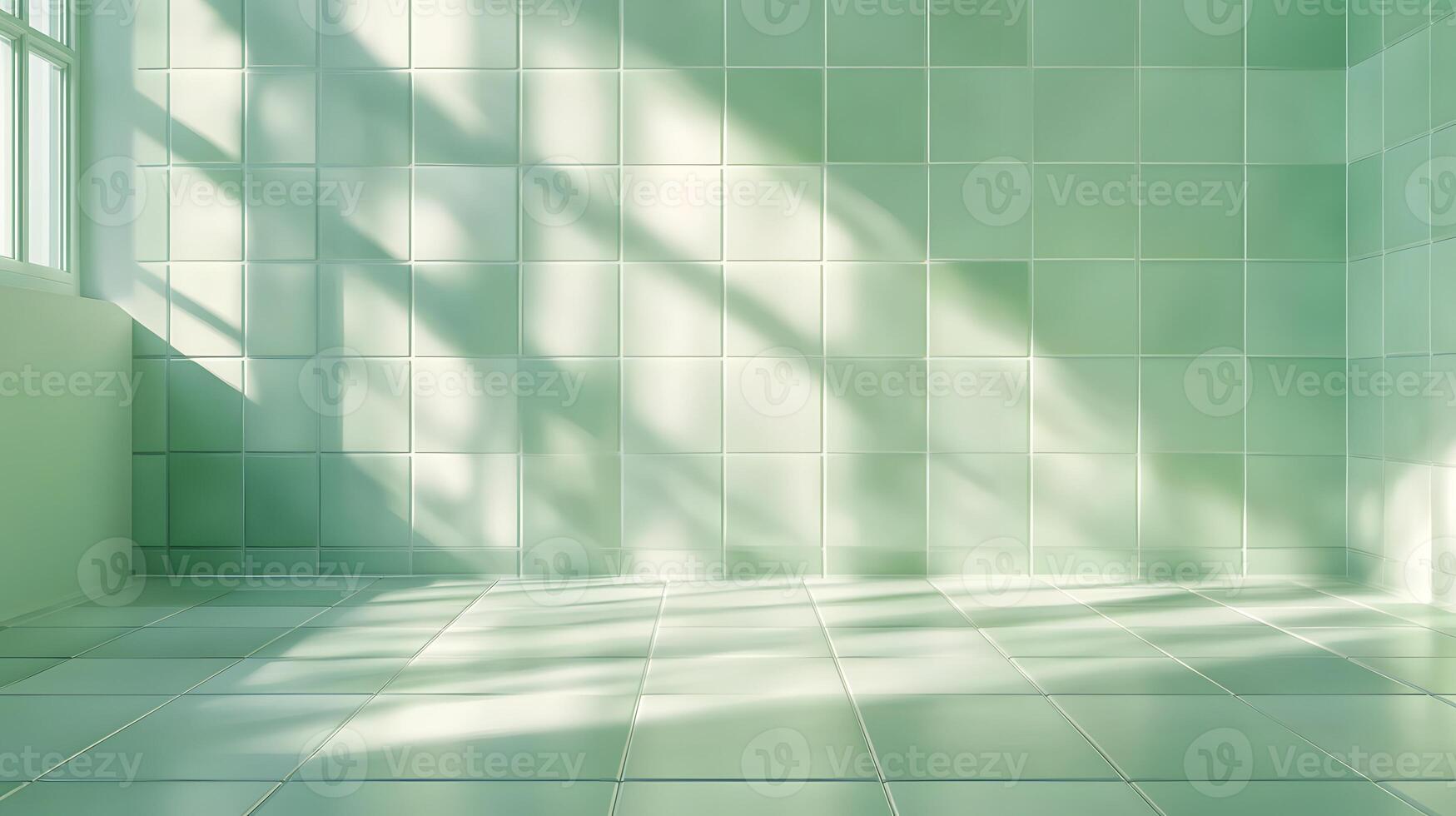 Pale Green Tiled Room Corner with Sunlight Shadows photo