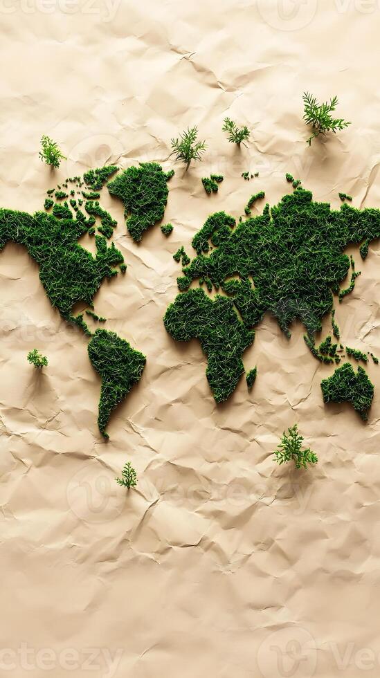 A Creative Depiction of the World Map Made from Green Moss on Textured Background photo