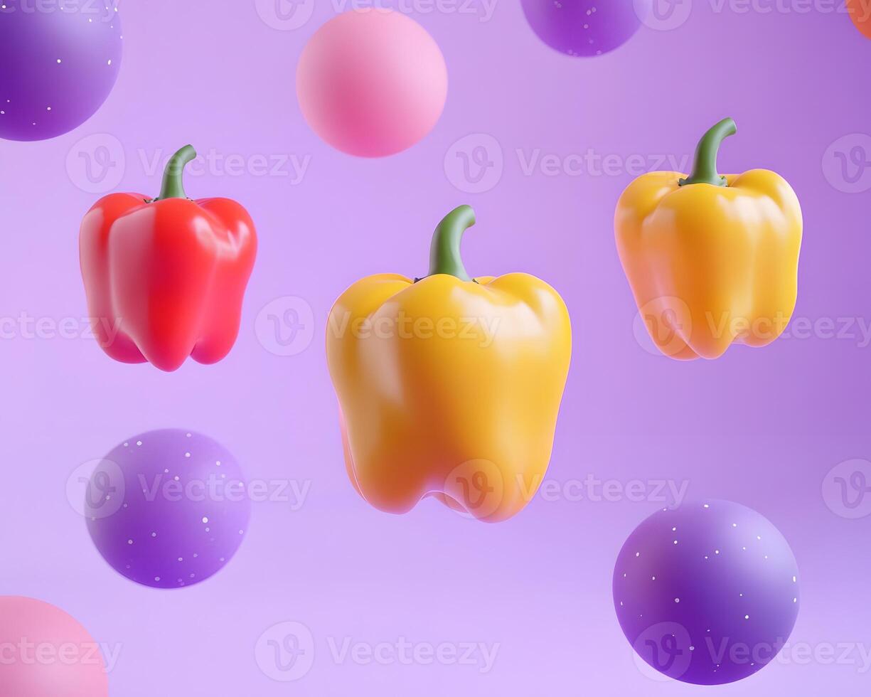 3D Render Three Bell Peppers and Spheres photo