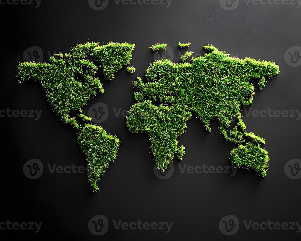 Green Grass World Map on Dark Backdrop photo