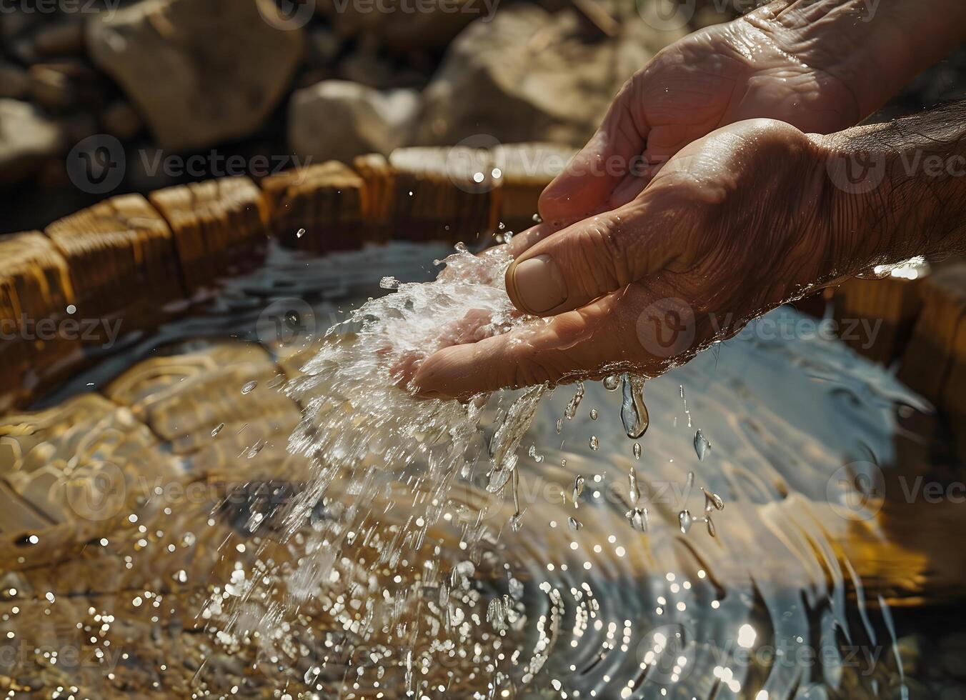 Hands Cupping Water from Wooden Basin photo