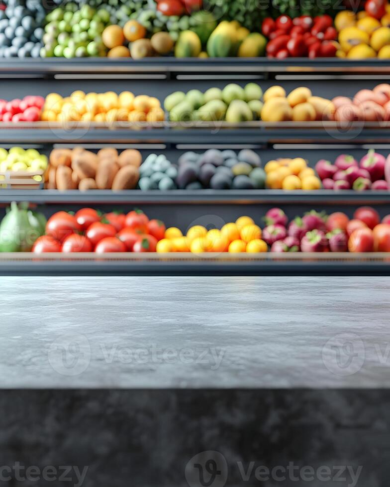 Grocery Store Produce Display with Gray Countertop photo